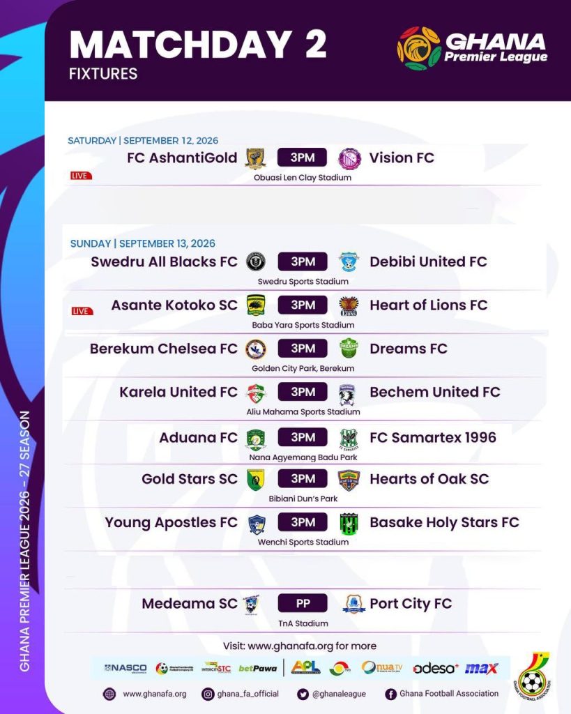 gfa announces matchday 2 broadcast schedule for 2026/27 ghana premier league